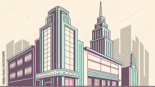 Stylized art deco cityscape featuring towering skyscrapers with geometric architectural details and a pastel color palette creating a retro urban scene