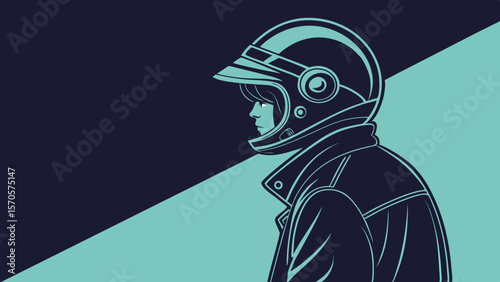 Stylized illustration of a person wearing a vintage motorcycle helmet and jacket viewed in profile against a split background of dark navy and teal