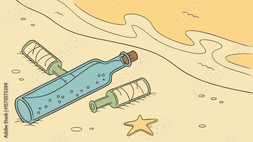 Two message in a bottle washed ashore on a sandy beach with a starfish and stylized waves in the background conveying a sense of discovery and adventure