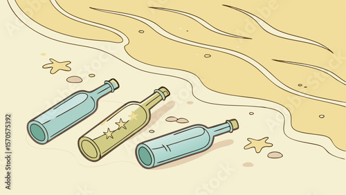 Three message in a bottle washed ashore on a sandy beach with gentle waves lapping the shore and a few starfish scattered on the sand