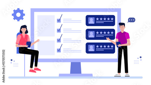Marketing team analyzing competitor benchmarking flat vector illustration