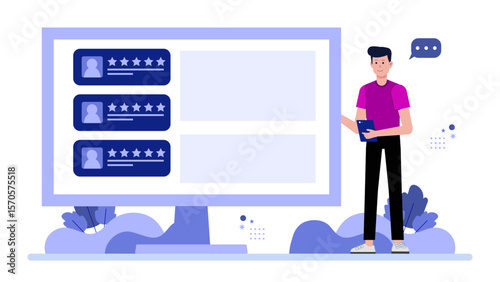 Business owner reviewing loyalty program flat vector illustration