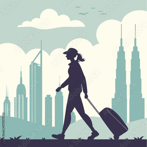 Silhouette of a young woman wearing a baseball cap and athletic clothing walking with a rolling suitcase against a backdrop of stylized city skyscrapers and clouds