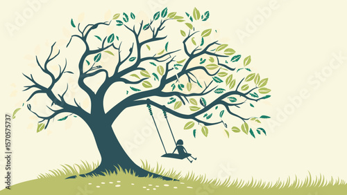 A solitary child enjoys a peaceful swing beneath the branches of a large stylized tree adorned with green leaves and delicate blossoms on a soft creamy background