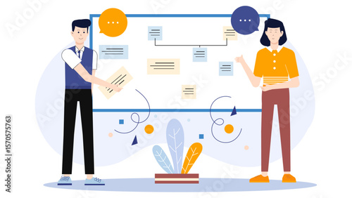 Employees using virtual whiteboard for collaboration flat vector illustration