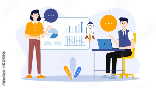 Startup pitching business model to investors flat vector illustration