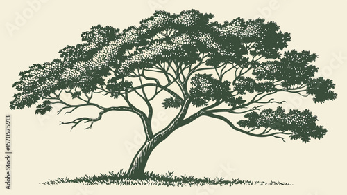 A solitary majestic tree with a sprawling canopy of dense foliage and intricate branches rendered in a dark green hand drawn sketch style on a light cream background with a grassy base