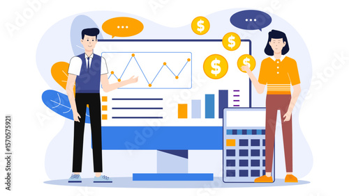 Finance analyst forecasting quarterly revenue flat vector illustration
