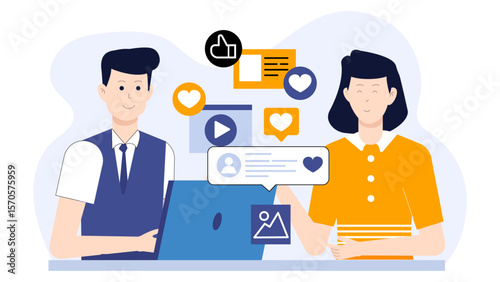 Digital marketing team planning influencer outreach flat vector illustration