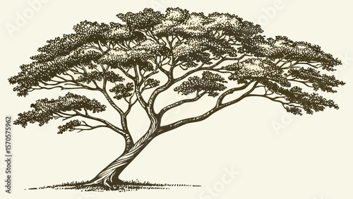 A detailed sepia toned ink sketch of a mature sprawling acacia tree with a twisted trunk and a full canopy of delicate leaves set against a cream background with a hint of grass at the base
