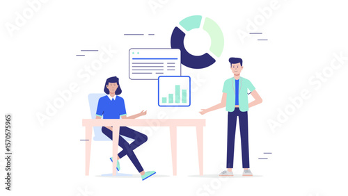 Marketing team analyzing competitor benchmarking flat vector illustration