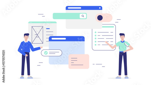 UX team reviewing user flow diagrams flat vector illustration