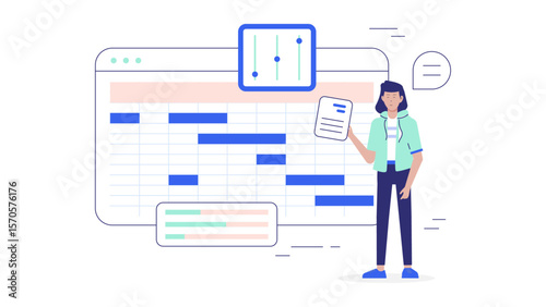 Project team setting milestones with Gantt chart flat vector illustration