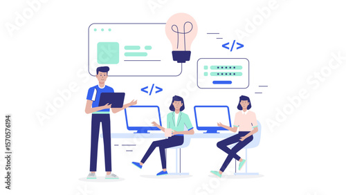 Startup team running internal innovation hackathon flat vector illustration