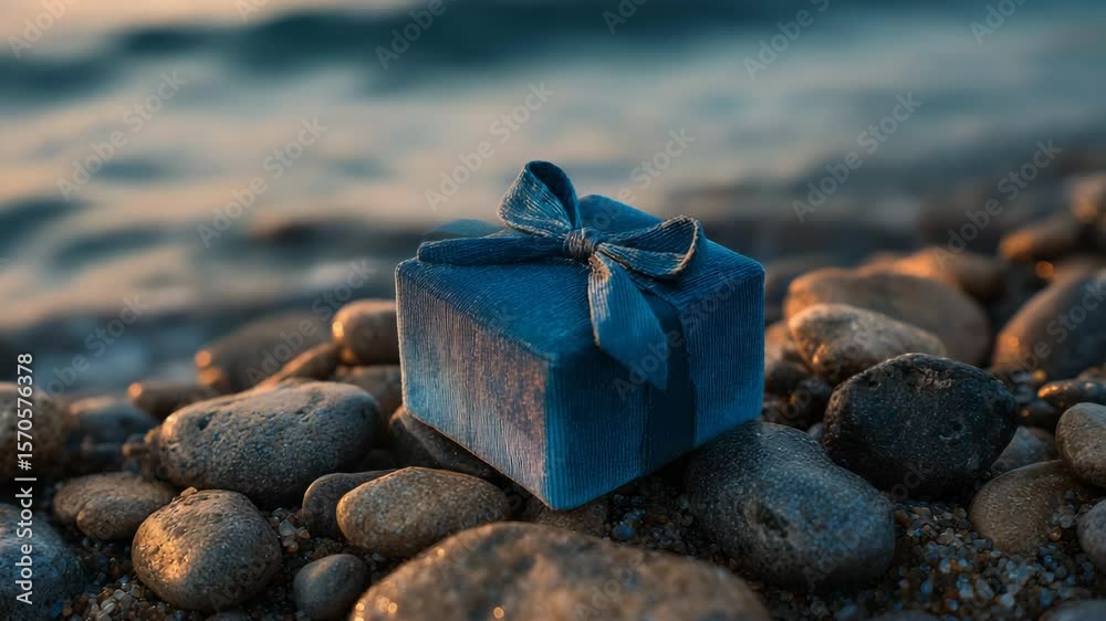 Blue velvet gift box placed near smooth beach stones with ocean in the distance, warm lighting,