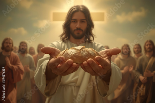 Jesus Christ holding a piece of bread in His hands, symbolizing the miracle of feeding the multitudes