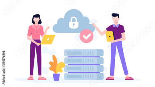 IT team auditing cloud infrastructure flat vector illustration