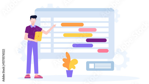 Project team setting milestones with Gantt chart flat vector illustration
