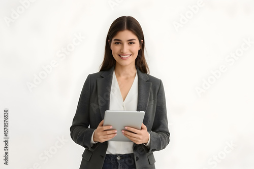 A professional young businesswoman holding a tablet with both hands while smiling confidently