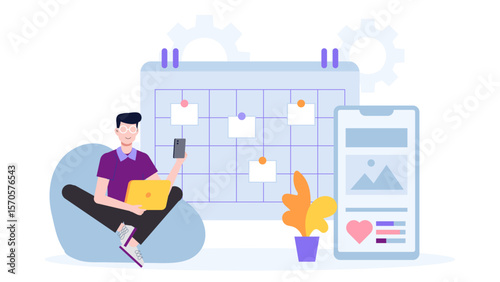 Content strategist planning social media calendar flat vector illustration
