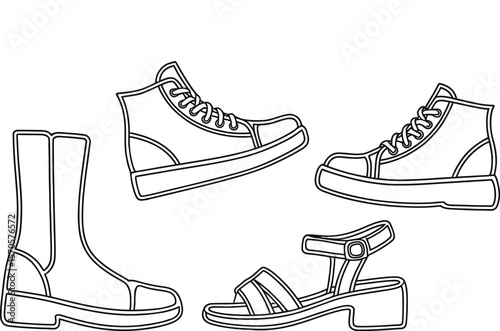 Illustration of diverse footwear including boots sneakers and sandals on colorful backgrounds