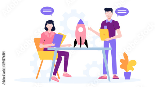 Startup team running internal innovation hackathon flat vector illustration