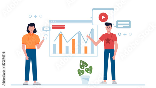 Startup founders planning market entry strategy flat vector illustration