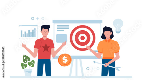 Marketing team analyzing competitor benchmarking flat vector illustration
