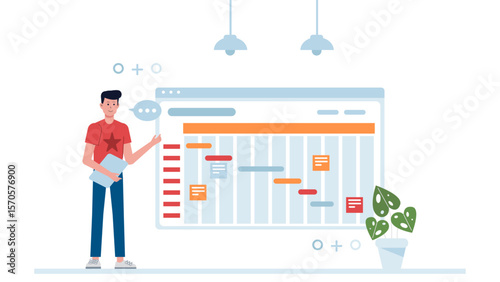 Project team setting milestones with Gantt chart flat vector illustration