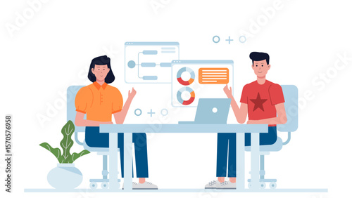 Startup team running internal innovation hackathon flat vector illustration