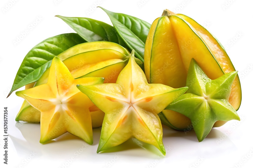 Fototapeta premium Bunch of star fruit with green leaves