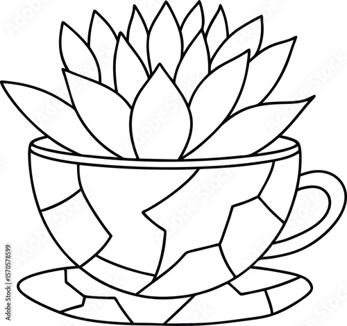 Succulent plant in a decorative cup and saucer vector