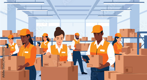 Team of Diverse Workers Handling Cardboard Boxes in a Modern Industrial Warehouse Setting