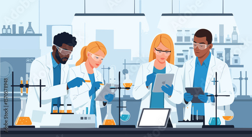 Diverse Professionals Analyzing Data and Conducting Scientific Experiments in a Research Laboratory