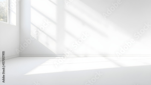 Minimalist White Wall Interior with Sunlight and Window Shadow Empty Room Background. Generative AI.
