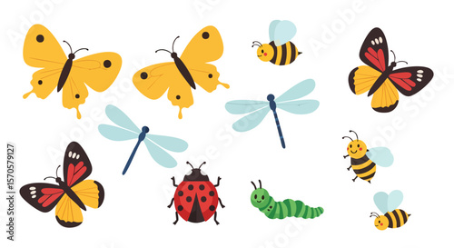 Cute Cartoon Insect Collection Vector Illustration with Butterflies, Bees, Ladybug, Dragonflies, and Caterpillar.