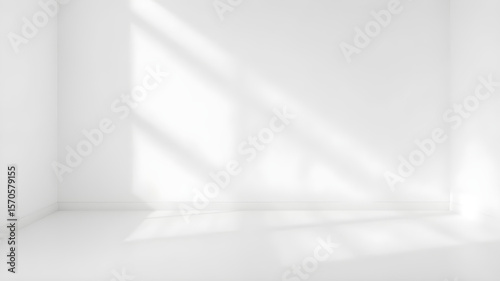Minimalist White Wall Interior with Sunlight and Window Shadow Empty Room Background. Generative AI.