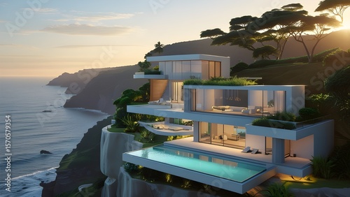 Luxury modern villa on a cliffside during golden hour