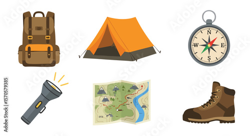Flat Vector Illustration of Essential Outdoor Gear: Backpack, Tent, Compass, Map, Flashlight, and Boots