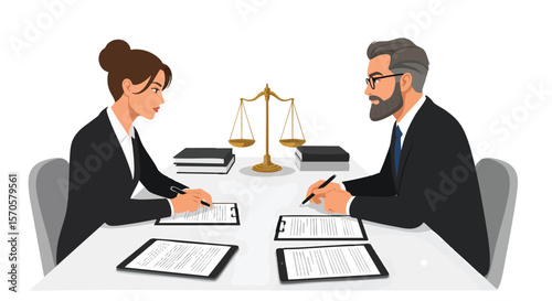 Legal Professionals Consulting and Signing Important Documents at Office Desk with Justice Scale Illustration