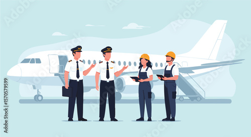 Aviation Professionals: Pilots And Ground Crew Team Inspecting An Airplane Before Departure
