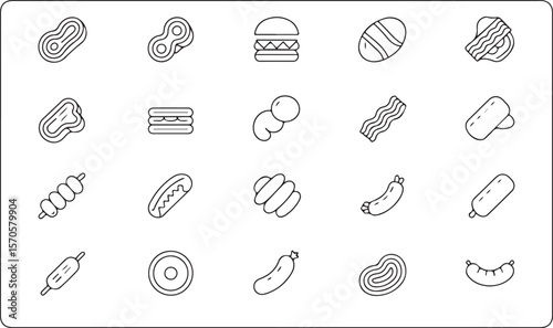 Monochrome Set of Line Icons — Meat and Meat Products.Meat product line icon set. Vector pictograms of kebab, shashlik, ground beef, tartare, carpaccio, patty, pie, casserole, thin linear illustration