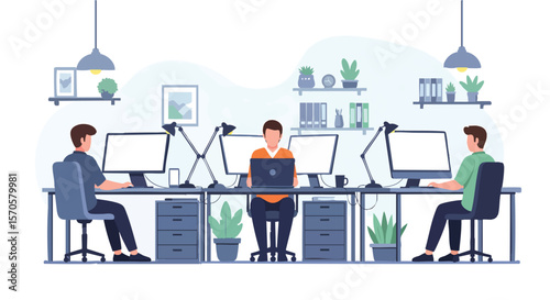 Professional Business Team Working Productively on Computers in a Bright Modern Office Space