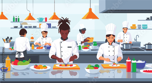 Diverse Professional Chefs Collaborating On Food Preparation In A Busy Modern Commercial Kitchen