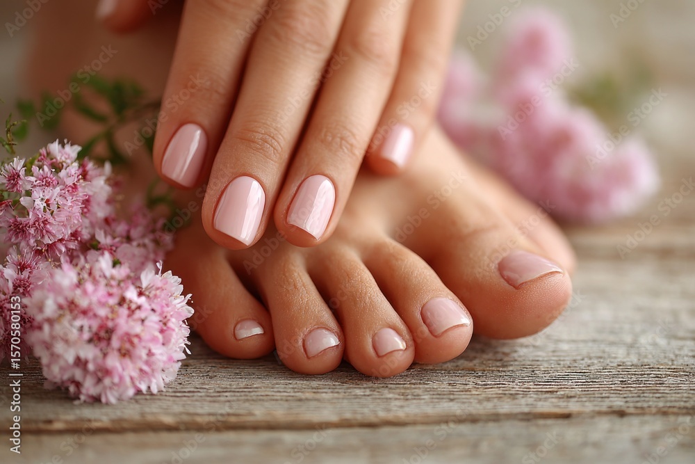 Fototapeta premium Perfectly groomed hands and feet rest on a rustic wooden surface, accented by delicate pink flowers, highlighting natural beauty