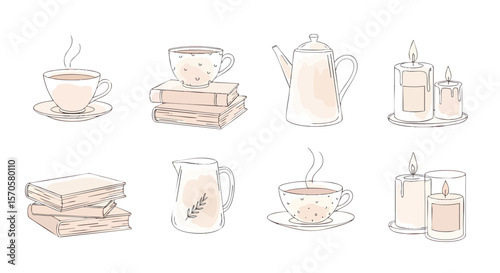 Cozy Hygge Home Essentials Hand-Drawn Illustration Set with Books, Coffee, Tea, and Candles