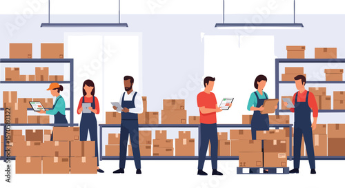 Diverse Workers Efficiently Managing Modern Warehouse Inventory and E-commerce Logistics with Digital Tablets