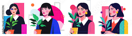 Young woman holding indoor plants in colorful artistic style . set illustrations