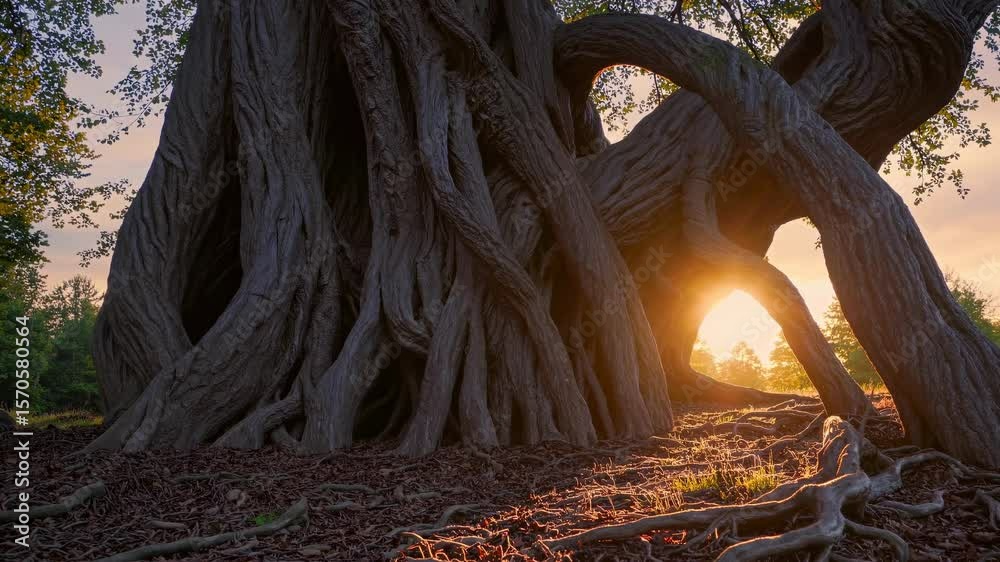 Majestic tree roots illuminated by sunrise in natural setting  