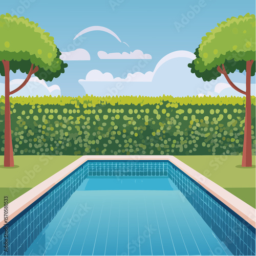 swimming pool in garden, surrounded by tall green hedge